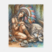 先住民インディアンと狼の間の穏やかな瞬間 フリースブランケット (正面)