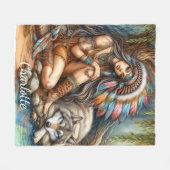 先住民インディアンと狼の間の穏やかな瞬間 フリースブランケット (正面(横))