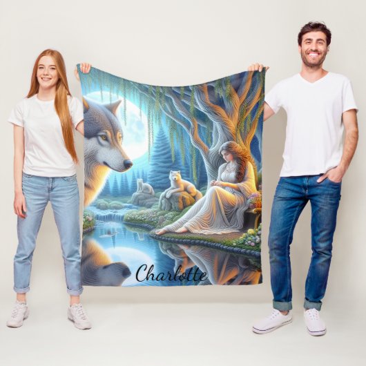 先住民インディアンと狼の間の穏やかな瞬間 フリースブランケット (インサイチュ)