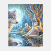 先住民インディアンと狼の間の穏やかな瞬間 フリースブランケット (正面)