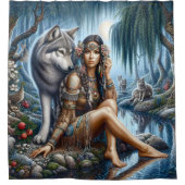 先住民インディアンと狼共有ムーンライト シャワーカーテン (正面)