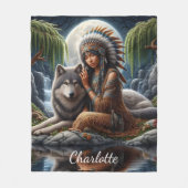 先住民インディアンと狼共有ムーンライト フリースブランケット (正面)