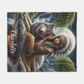 先住民インディアンと狼共有ムーンライト フリースブランケット (正面(横))