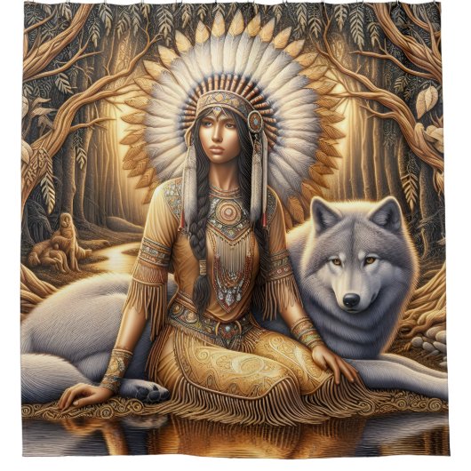 先住民インディアンの女が狼と結び付く シャワーカーテン (正面)