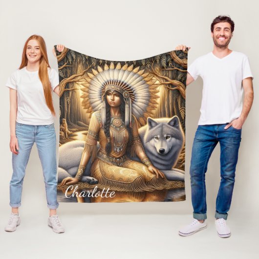 先住民インディアンの女が狼と結び付く フリースブランケット (インサイチュ)