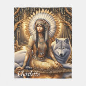 先住民インディアンの女が狼と結び付く フリースブランケット (正面)