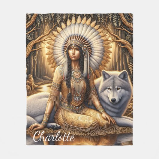 先住民インディアンの女が狼と結び付く フリースブランケット (正面)
