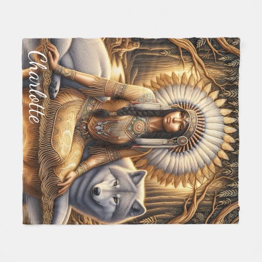 先住民インディアンの女が狼と結び付く フリースブランケット (正面(横))