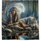 先住民インディアンの女性と忠実な狼の仲間 シャワーカーテン (正面)