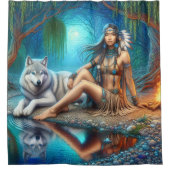 先住民インディアンの女性と忠実な狼の仲間 シャワーカーテン (正面)