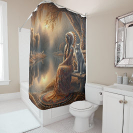 先住民インディアンの女性と忠実な狼の仲間 シャワーカーテン