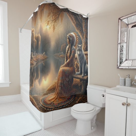 先住民インディアンの女性と忠実な狼の仲間 シャワーカーテン (インサイチュ)