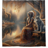 先住民インディアンの女性と忠実な狼の仲間 シャワーカーテン (正面)