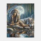 先住民インディアンの女性と忠実な狼の仲間 フリースブランケット (正面)