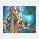 先住民インディアンの女性と忠実な狼の仲間 フリースブランケット (正面(横))