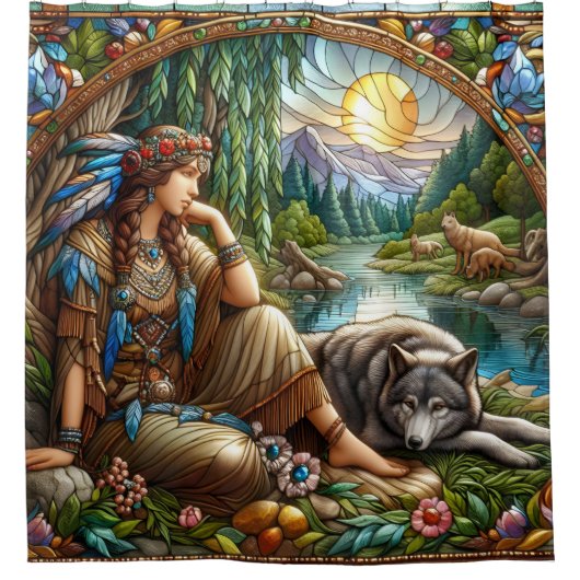 先住民インディアンの女性は穏やかにオオカミに依存している シャワーカーテン (正面)