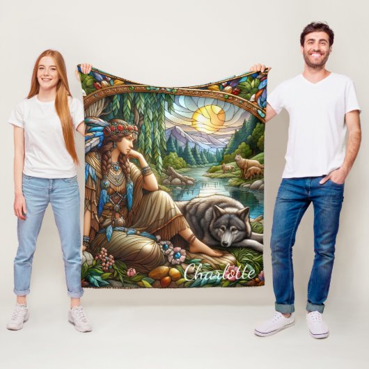 先住民インディアンの女性は穏やかにオオカミに依存している フリースブランケット (インサイチュ)