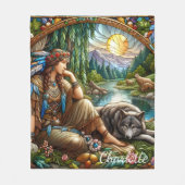 先住民インディアンの女性は穏やかにオオカミに依存している フリースブランケット (正面)