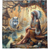 先住民インディアンの娘と穏やかな川のそばの狼 シャワーカーテン (正面)