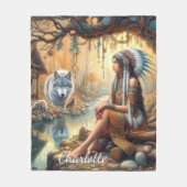 先住民インディアンの娘と穏やかな川のそばの狼 フリースブランケット (正面)