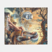 先住民インディアンの娘と穏やかな川のそばの狼 フリースブランケット (正面(横))