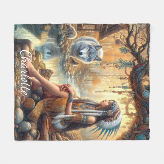 先住民インディアンの娘と穏やかな川のそばの狼 フリースブランケット (正面(横))
