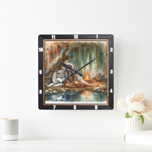 先住民インディアンの森:静けさの瞬間 スクエア壁時計 (ホーム)