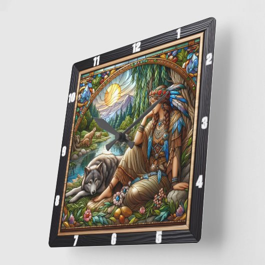 先住民インディアンの精神：柳の囁き スクエア壁時計 (傾斜)