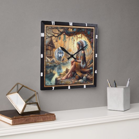 先住民インディアンの聖域:ワイルドウッドの精神 スクエア壁時計 (オフィス)