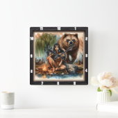 先住民インディアンウィメンベアアート スクエア壁時計 (ホーム)