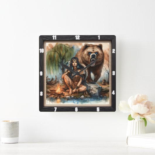 先住民インディアンウィメンベアアート スクエア壁時計 (ホーム)