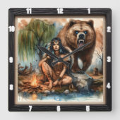 先住民インディアンウィメンベアアート スクエア壁時計 (正面)