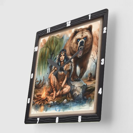 先住民インディアンウィメンベアアート スクエア壁時計 (傾斜)
