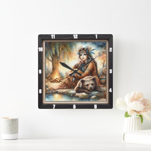 先住民インディアンウィメンベアウィロー スクエア壁時計 (ホーム)