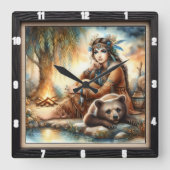 先住民インディアンウィメンベアウィロー スクエア壁時計 (正面)