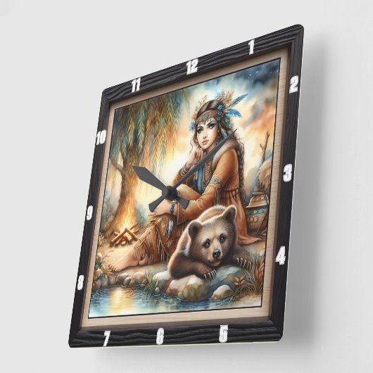 先住民インディアンウィメンベアウィロー スクエア壁時計 (傾斜)