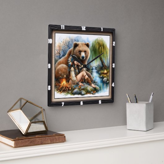 先住民インディアンウィメンベアツリー スクエア壁時計 (オフィス)