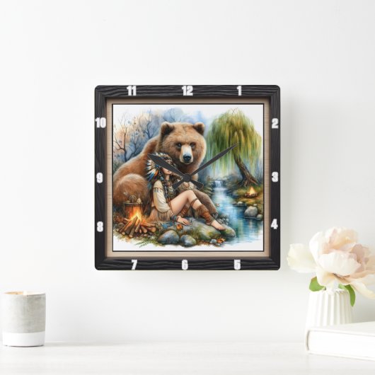 先住民インディアンウィメンベアツリー スクエア壁時計 (ホーム)