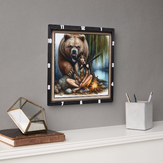 先住民インディアンウィメンベアロック スクエア壁時計 (オフィス)