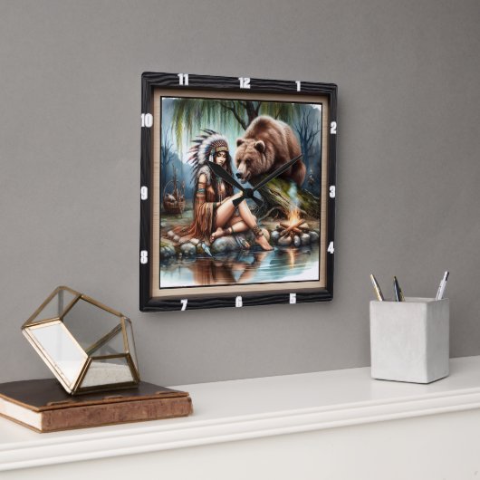 先住民インディアンウィメンベア伝統 スクエア壁時計 (オフィス)