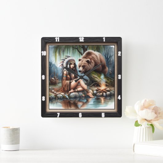 先住民インディアンウィメンベア伝統 スクエア壁時計 (ホーム)