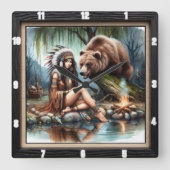 先住民インディアンウィメンベア伝統 スクエア壁時計 (正面)