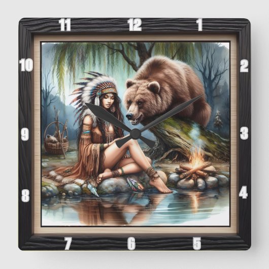先住民インディアンウィメンベア伝統 スクエア壁時計 (正面)