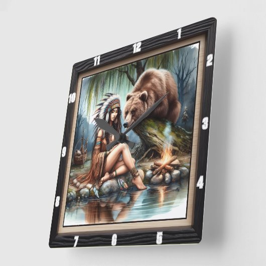 先住民インディアンウィメンベア伝統 スクエア壁時計 (傾斜)