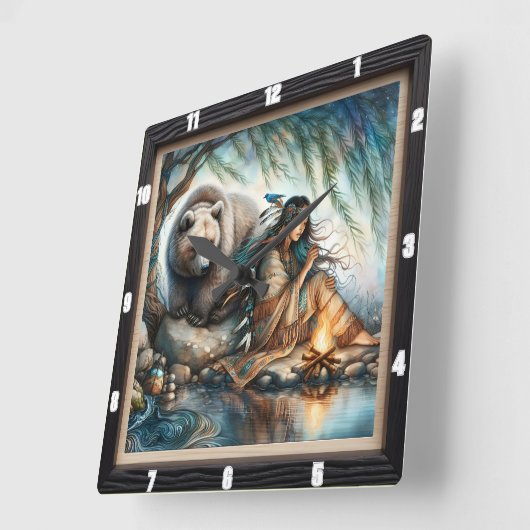 先住民インディアンウィメンベア自然 スクエア壁時計 (傾斜)