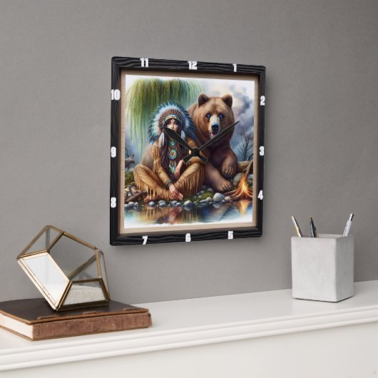 先住民インディアンウィメンベア調和 スクエア壁時計 (オフィス)