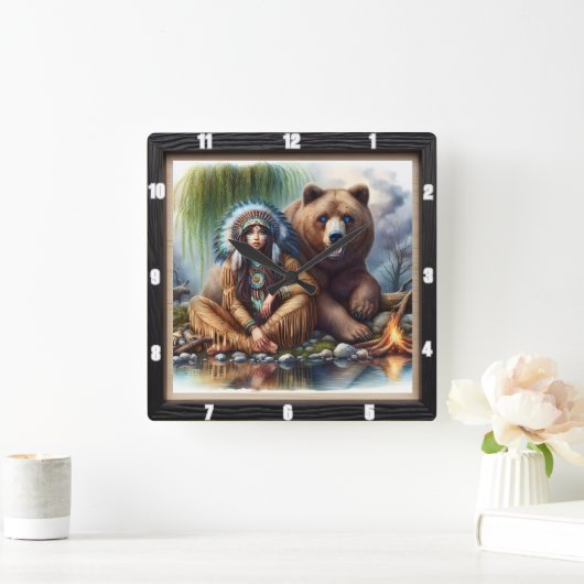 先住民インディアンウィメンベア調和 スクエア壁時計 (ホーム)
