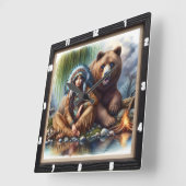 先住民インディアンウィメンベア調和 スクエア壁時計 (傾斜)