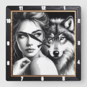 先住民インディアンウルフブラックアンドホワイト スクエア壁時計 (正面)