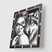 先住民インディアンウルフブラックアンドホワイト スクエア壁時計 (傾斜)